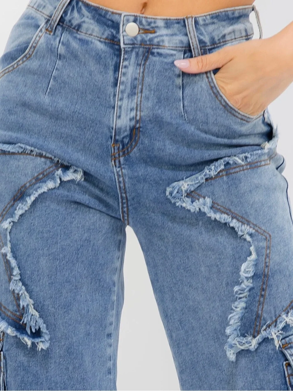 Frayed Patchwork Wide-Leg Jeans - Blue - Picture 3 of 5